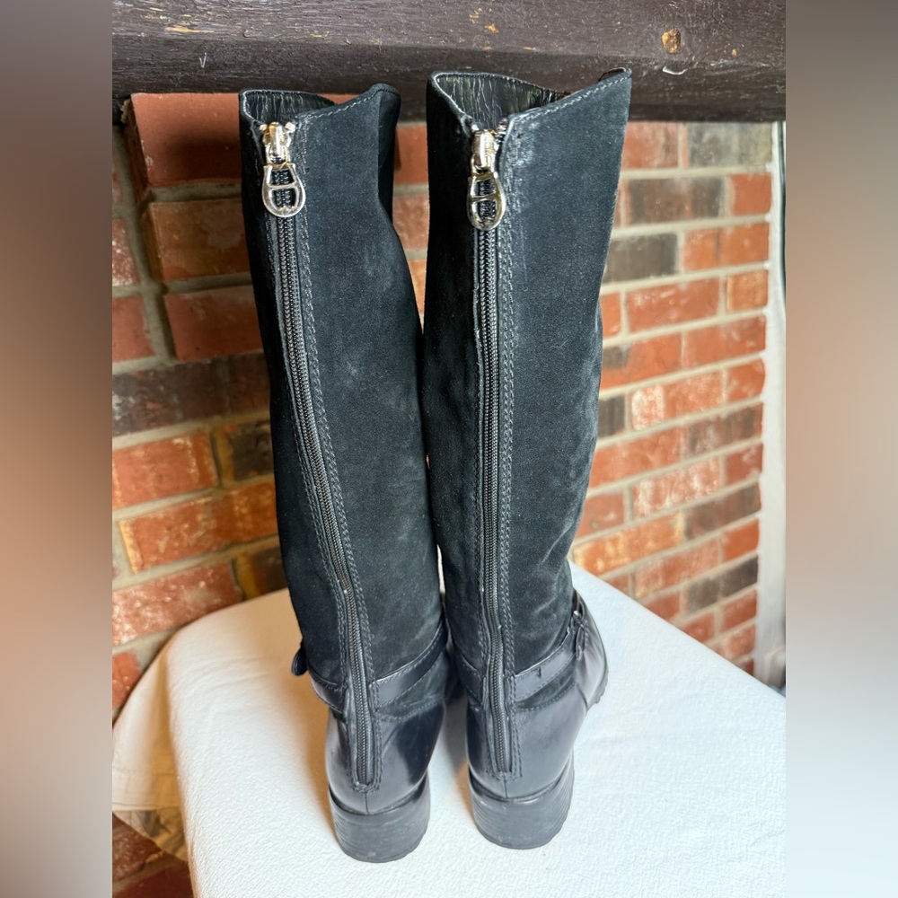 MOTO Lug Sole Etienne Aigner Knee High Black Suede Rear Zipper Boots Comfy Biker - Picture 4 of 7